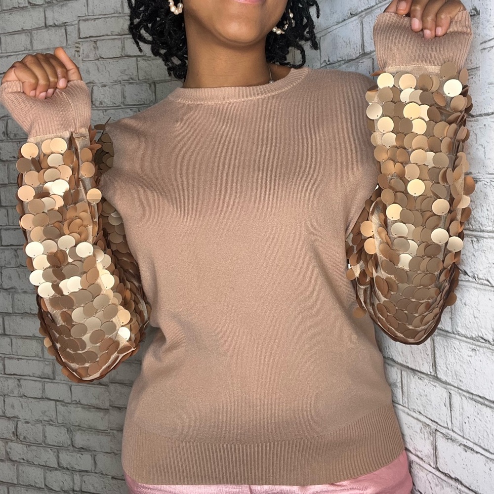 fab'rik Tan Sweater with Gold Sequin Sleeves